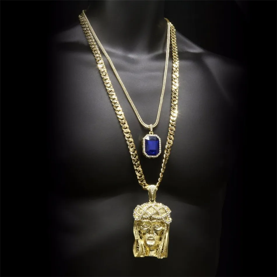 Hip Hop Golden Crowned Jesus Head Pendant Iced Out Square Gem Crystal Necklace Set Cuban Chain