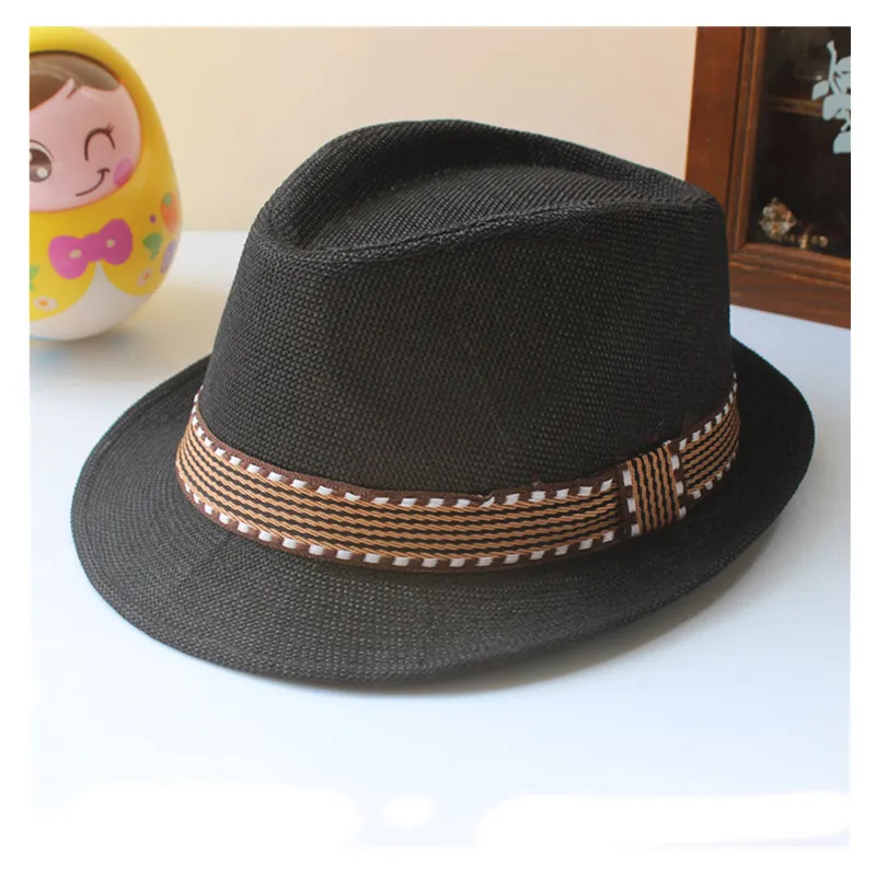 Sommer Unisex Kinder Stroh Fedora Sonnenhut Strand Mode Panama Kappe mit Ribbow Trim Kinder Soild Trilby Hüte Für Jungen und Mädchen