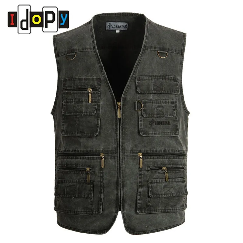 Vente en gros - Printemps Mens Denim Vest Multi Pocket Zippers Fermeture Photographe Gilet Veste Sans Manches Pour Homme