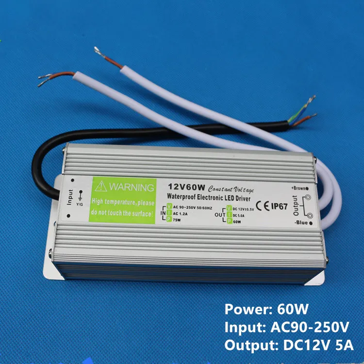 Hoge kwaliteit DC 12V 5A 60W LED voeding 20-300W Transformator LED Driver Adapter 90V-250V Waterdichte Transformatoren Constante Voltage