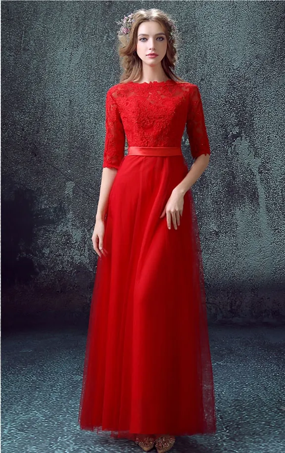 Röda långa blygsamma brudtärna klänningar med halv ärmar spets tulle golv längd formell bröllopsfest klänningar billigt tempel brudar maid klänning