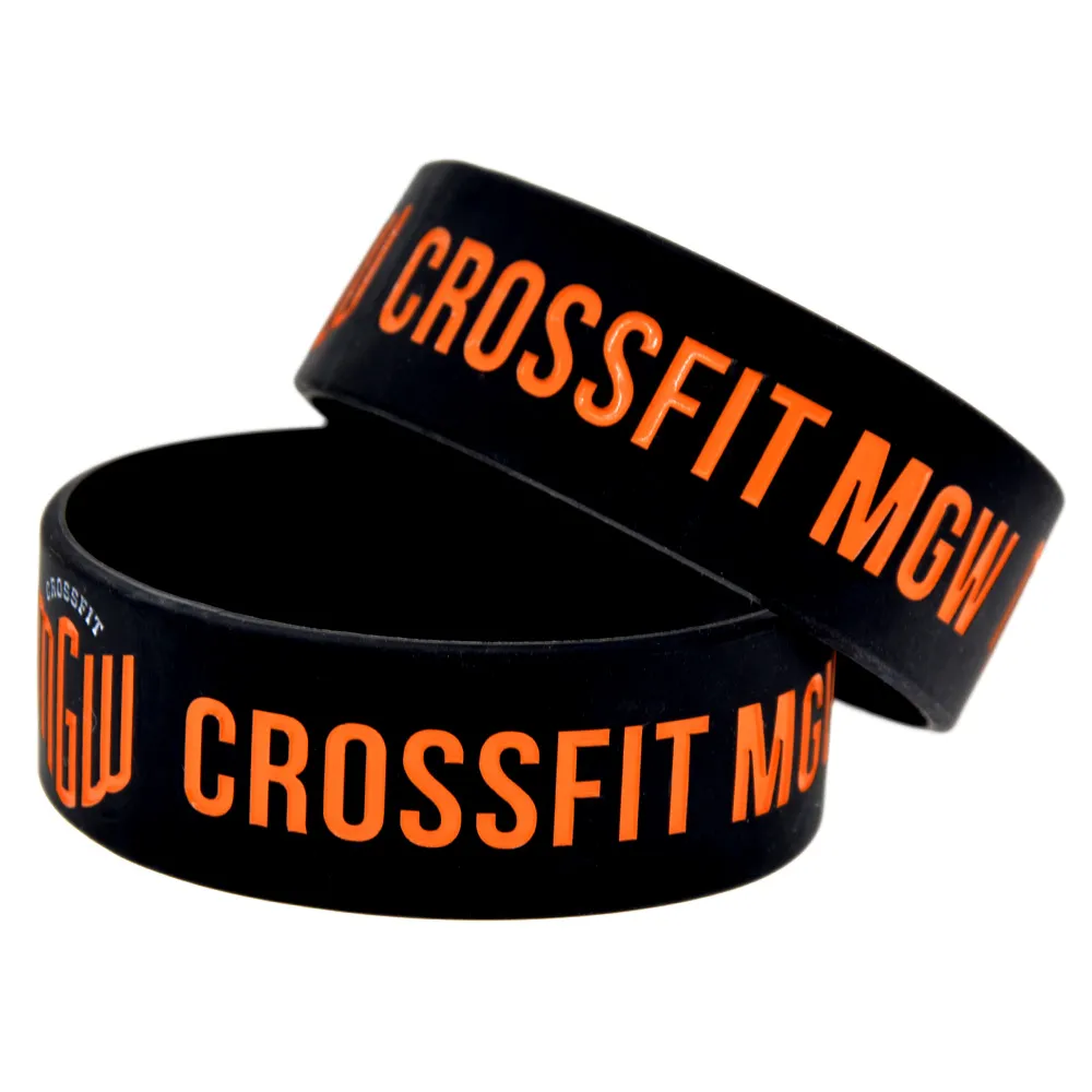 50 stks CrossFit MGW Siliconen Rubber Armband 1 inch Brede Inkt Gevuld Logo voor Sport Promotie Gift