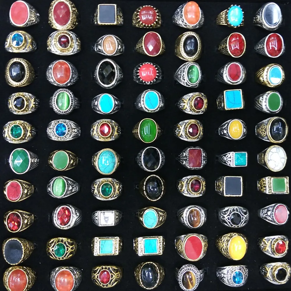 Mixed Gold Plated Silver Plated Natural Stone Rings Archaic Chinese Style Rings Wholesale