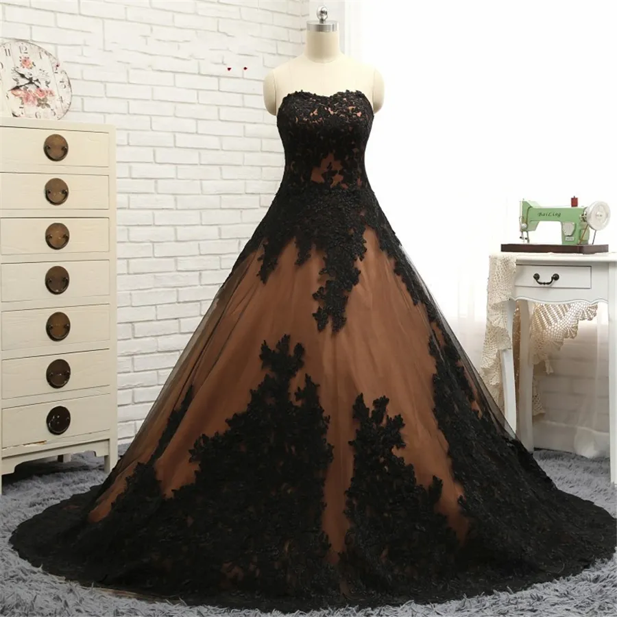 Black Lace Ball Gowns Nude/Bulsh Sweeheart Long Prom Dress Women vestido de festa