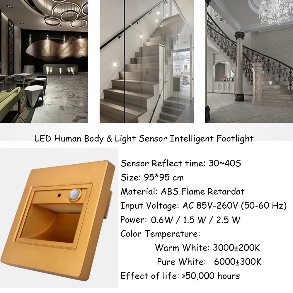 0.6W Human Body & Light Sensor Porch Led Footlight Wall Plinth Recessed Stairs Steps Lamps Aisle Hotel Lighting Night Lights