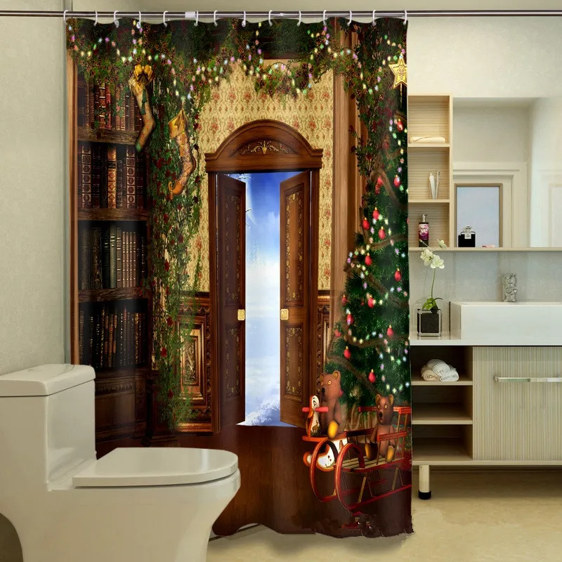Noel Kapı Duş Perdesi Kişiselleştirilmiş Su Geçirmez 3D Duş Perdesi Polyester Noel Ağacı Baskı Banyo Perdesi