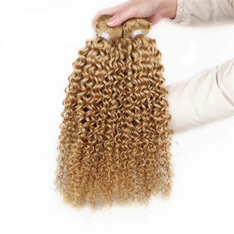 #27 Honey Blonde Deep Curly Human Hair Weaving Brown Blonde Hair Extensions Blonde Kinky Curly Brazilian Virgin Hair Weave Bundles 