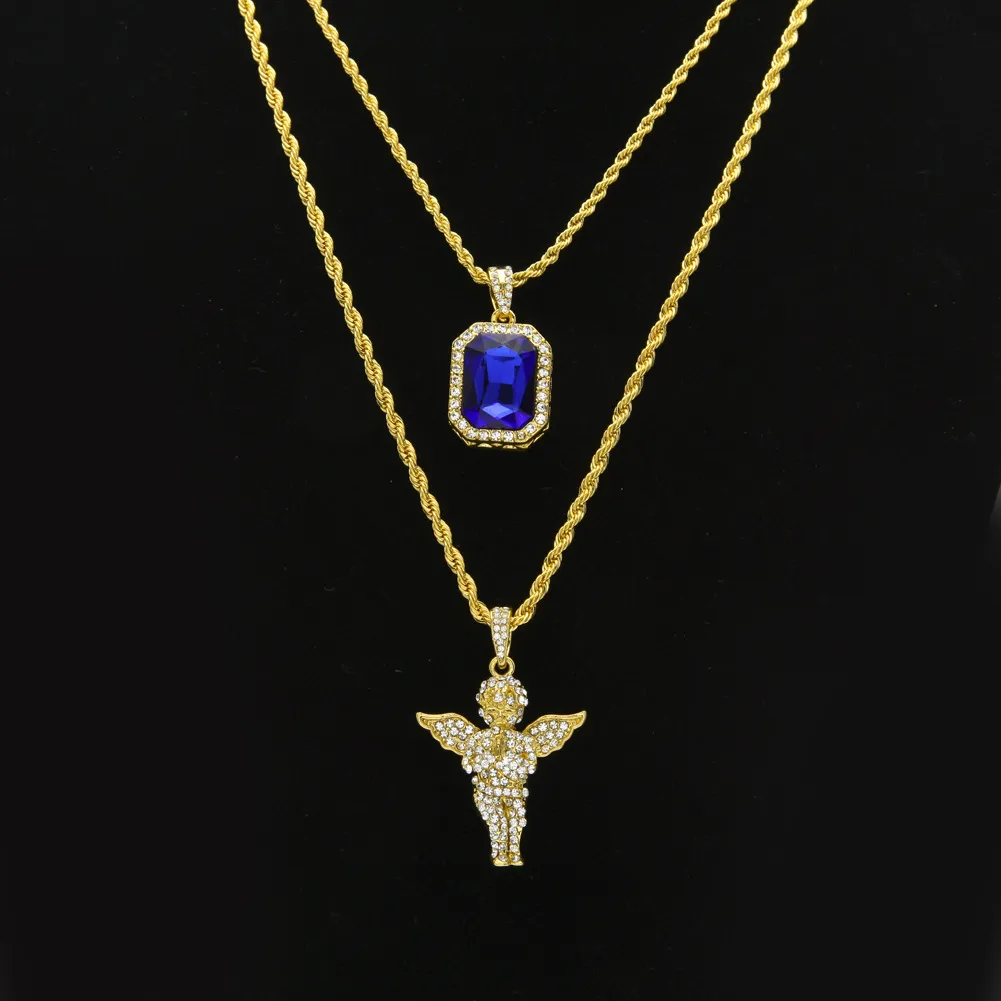 Iced Out Ruby Necklace Set Brand Micro Ruby Angel Jesus Wing Pendant Hip Hop Halsband Male Jewelry Whole338f