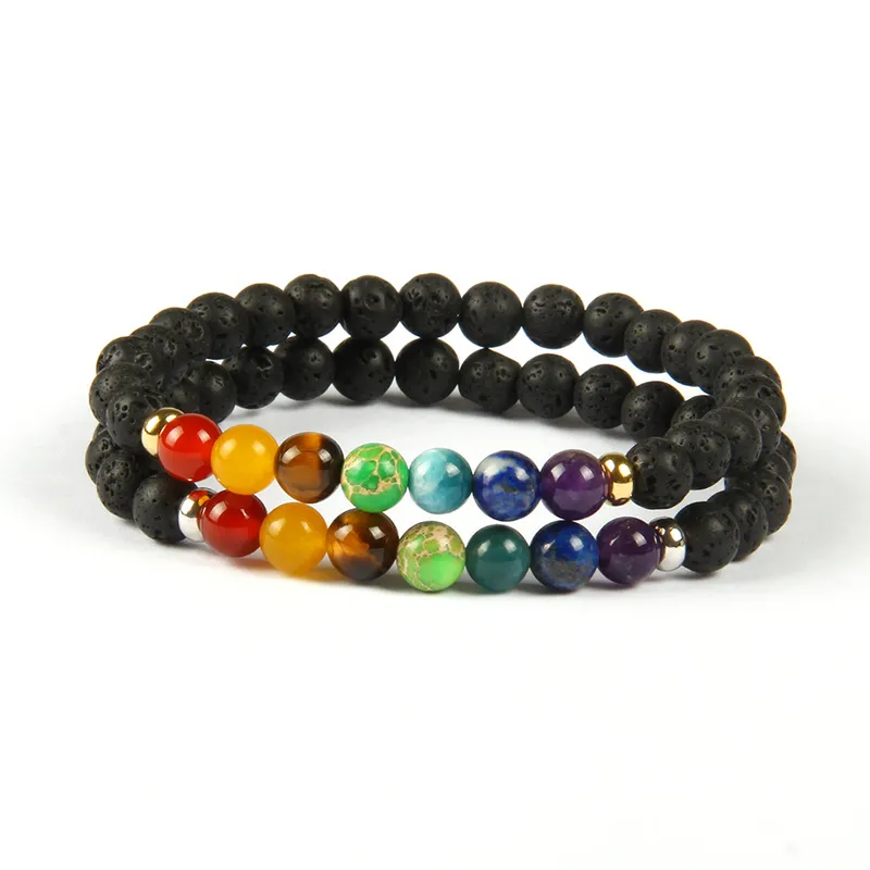 Neues Design 7 Chakra Heilstein Yoga Meditation Armband 6mm Lava Stein Perlen mit Mix Farben Stein Armbänder als Geschenk