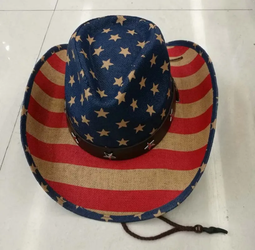 Bandeira americana Verão Unissex Handmade cowboy da palha Chapéu de Sol com pulseira de couro EUA Selvagem Brim Caps para homens e mulheres