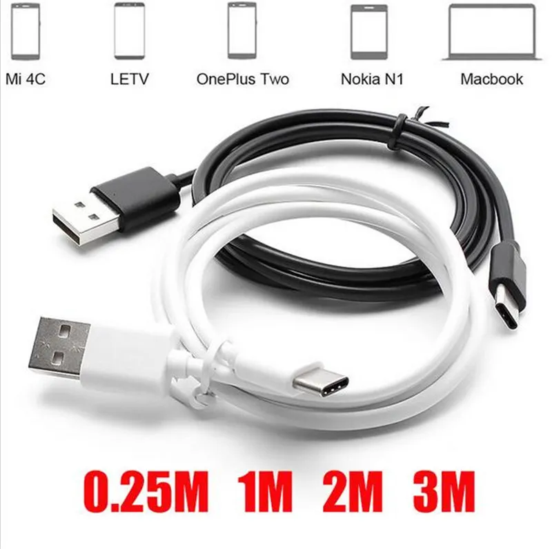 200 stks 1m / 2m zwart / wit Type-C 3.1 Type C USB Data Sync Charger-kabel voor Moblie-telefoon