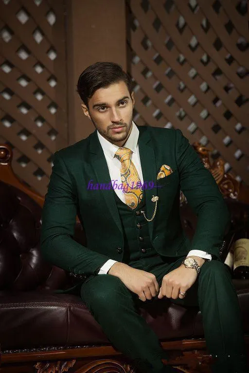 Hot Recommend Dark hunter emerald Green Groom Tuxedos Notch Lapel Men Blazer Prom Suit Business Suit Jacket+Pants+Vest+Tie+Kerchief