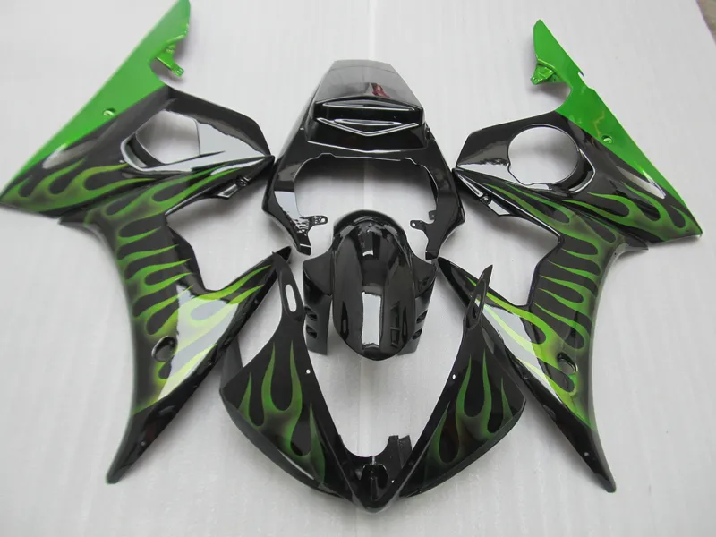 Darmowe Dostosuj Zestaw do błonnika dla Yamaha YZF R6 03 04 05 Green Flames Black Fairings Set YZF R6 2003 2004 2005 OT30