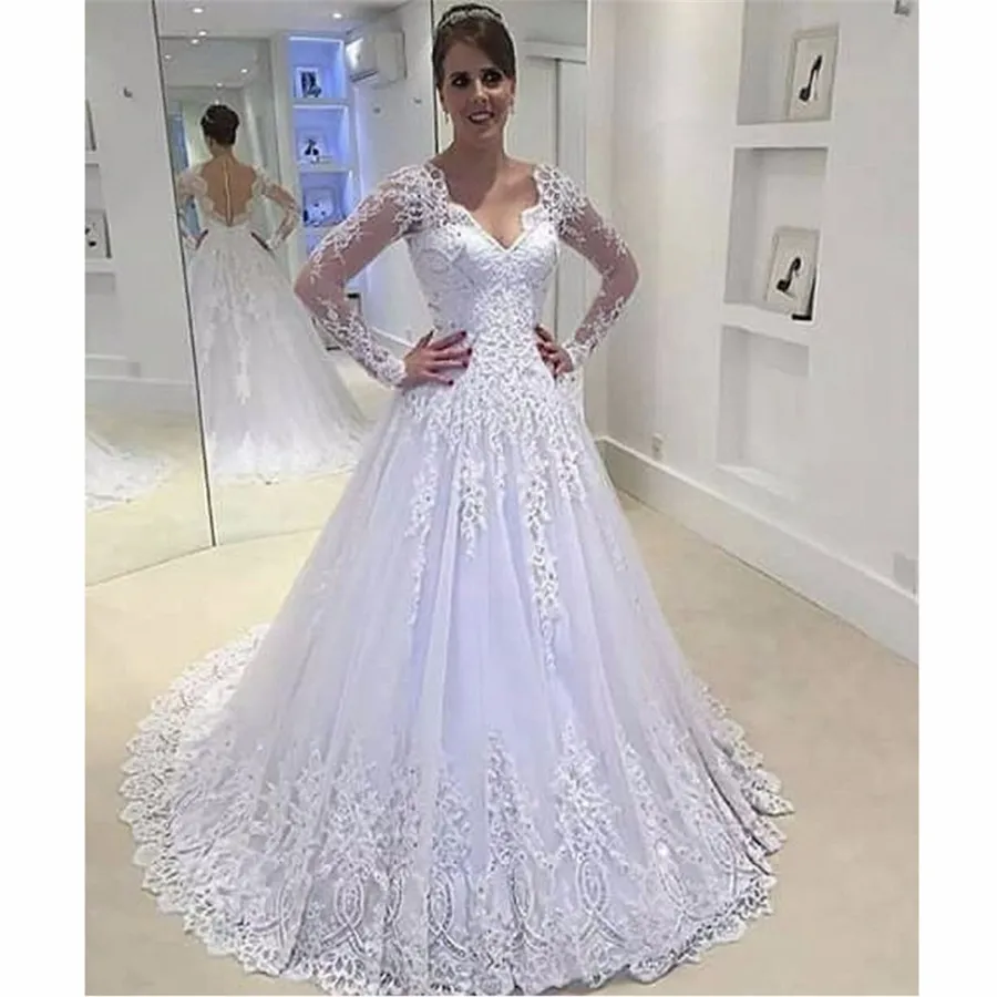 Brazilian A-line Wedding Dresses V Neck Appliqued Beaded Sheer Back Long Sleeve Bridal Dress Vestidos De Novias