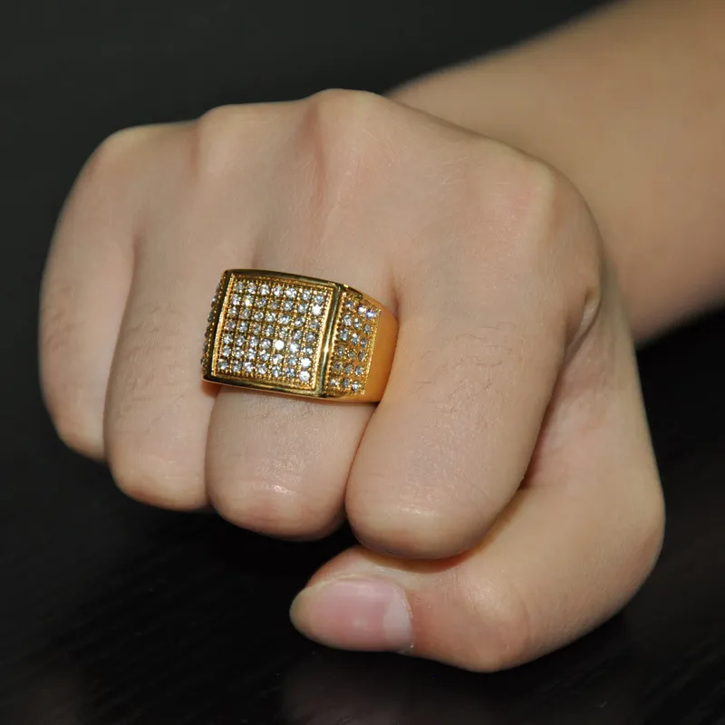 Hip Hop Full Micro Pave Rhinestone Iced Out Bling Bling Square Ring IP Guldfärg Titan Rostfritt Stål Ringar För Män