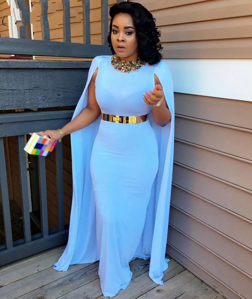 Light Blue Plus Size Cape Style Prom Dresses 2017 Sheath Floor Length Evening Gowns Aso Ebi South African Women Formal Party Dresses