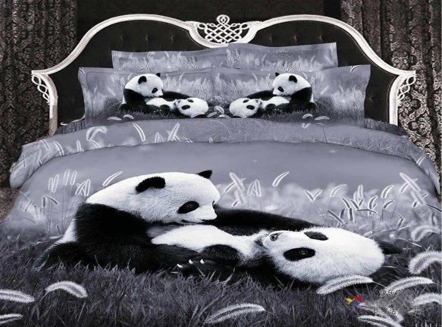 % 100 Gri ​​Yeni Pamuklu 4pc Nevresim (Yorgan / Doona) Kapak Set Tam Boy Mutlu Panda