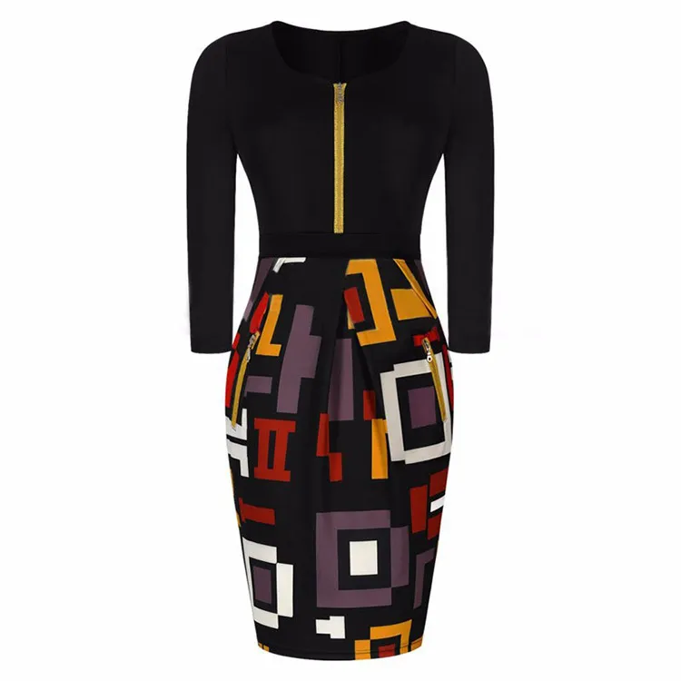 Trevlig gåva Spring Women's Sexy Work Dresses Zipper Slim Dress Geometrisk Stitching Pencil Skirt NLX009