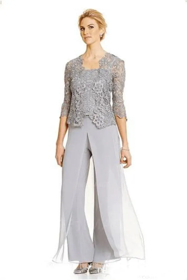 Silver Grey Chiffon Lady Mother Pants Suits Mother Of The Bride Groom ...