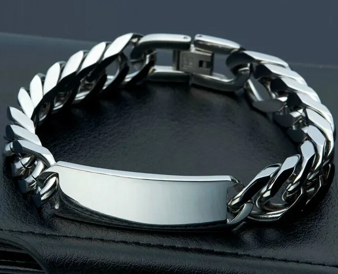 Polerad Silver Tone Biker Rostfritt Stål Mode Mäns Smycken Stor Stor 15mm 8.8 tums Great Curb Chain Bracelet ID Armband