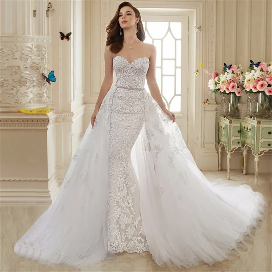 Sweetheart Applique Lace Mermaid Wedding Dress with Detachable Train Skirt Two Pieces Bridal Gowns robe de soiree