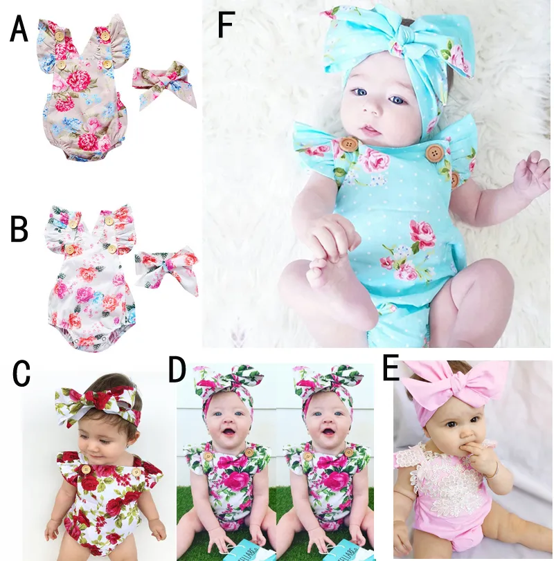 6 stilar Spädbarn Baby Girl Floral Rompers Bodysuit med huvudband Ruffles Sleeve 2pcs Set Knappar 2017 Sommar Ins Romper Passar Gratis DHL