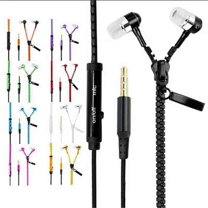 Zipper Earphones Headset 3.5MM Jack Bass Earbuds In-Ear Zip Earphone Headphone with MIC for Samsung S6 android phone mp
