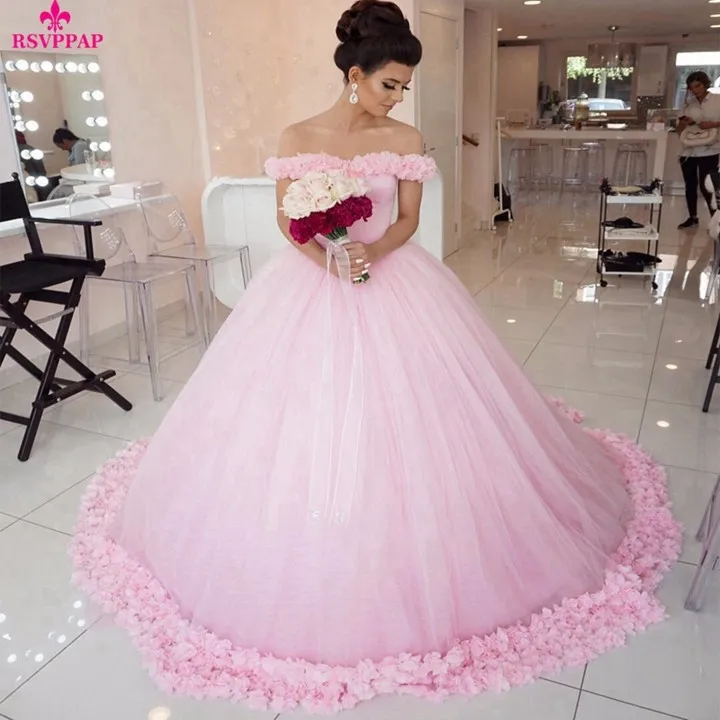 Handmade Light Pink Puffy Ball Gown Evening Dress With Cap Sleeves