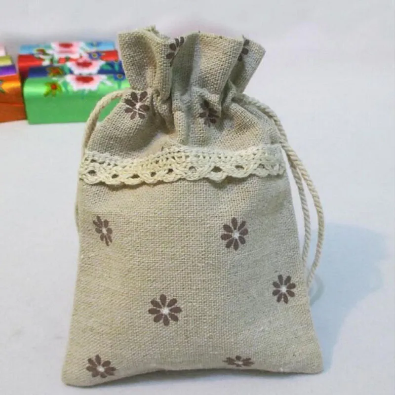 Mini Natural Lace Decoration Linen Drawstring Flower Print Wedding Favor Bag Pouch Party Gift Bags Jewelry Case ZA1398