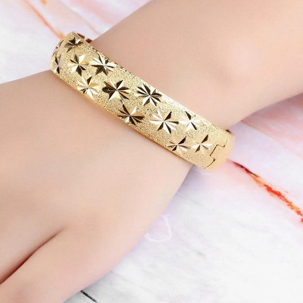 Thick Wedding Bangle 18K Yellow Gold Filled Womens Bangle Bracelet Carved Star Solid Jewelry Diameter 6cm,15mm Wide