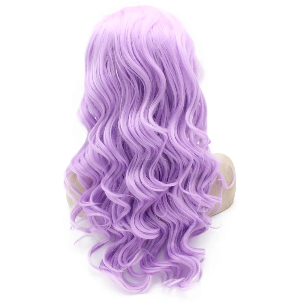 Longa mão ondulada mão amarrada lace front sintetic cabelo roxo traje peruca