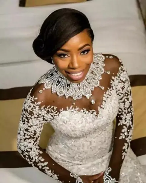 Luksusowy 2019 Afryki Syrenki Suknie Ślubne Z Długim Rękawem Sexy Sheer High Neck Blask Koraliki Koronki Satynowe Nigerii Kaplicy Suknie Ślubne Plus Rozmiar