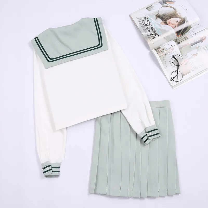 Ensemble d'uniforme d'étudiant japonais pour filles mignonnes, costume vert clair, hauts chemisier + jupe plissée, uniformes de marin Anime Kawaii Lolita Cosplay