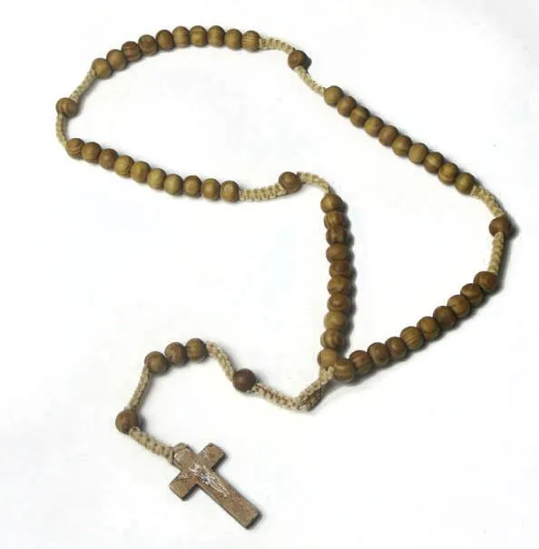 Wooden Beaded Cross Pendant Charm Necklace Christian Jewelry Religious Jesus Rosary Wood Beads Jewelry2634