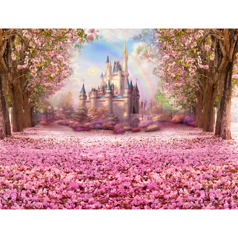Pink Flower Cherry Blossoms Backgrounds for Studio Petals Covered Road Trees Rainbow Photography Backdrops Children Kids Castle Backdrop
