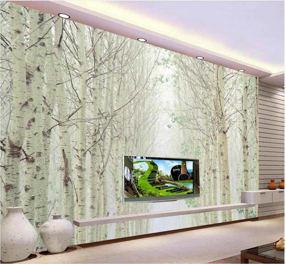 Beyaz huş orman manzara resmi TV duvar resimleri duvar kağıdı 3d 3d tv fon için duvar kağıtları