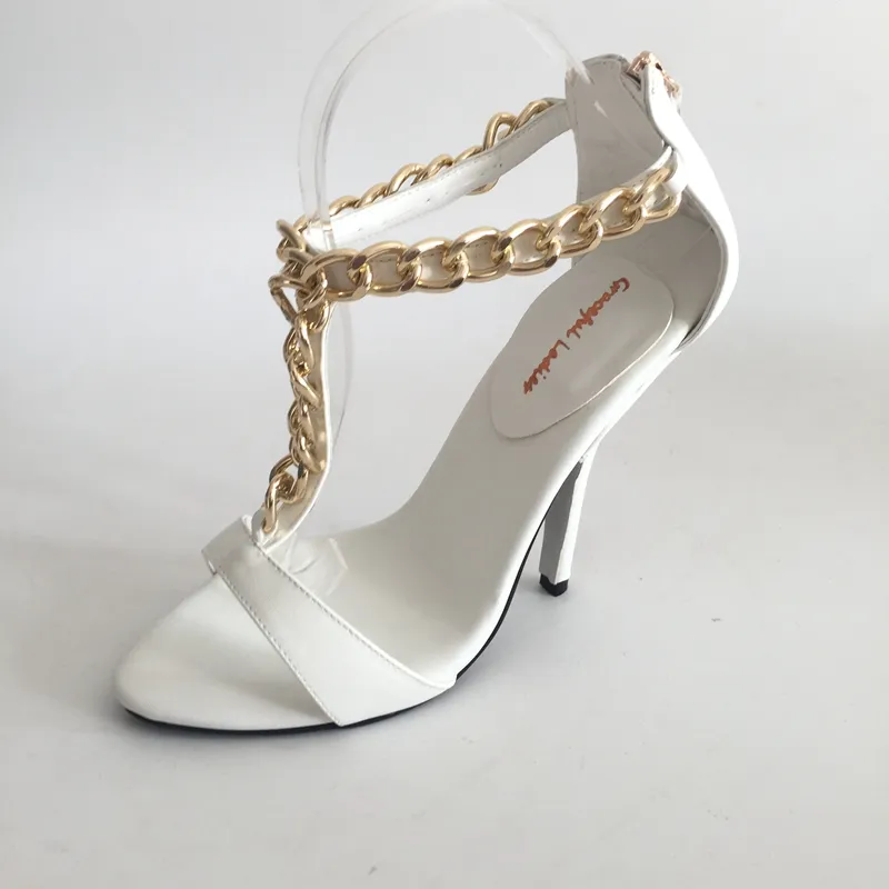 Biały T-Pasek Buty Ślubne Sandal Open Toe High Heels Łańcuch Kostki Sandały Letnie Sandały Heel Heel Buty Bridal Plus Size EU34-46 Kolory niestandardowe