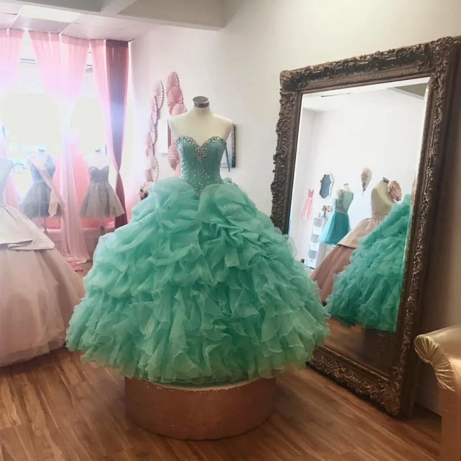 2018 Gerçek Fotoğraf Nane Yeşil Ruffles Akşam Balo Abiye giyim Kızlar Için Elbiseler Parti Sevgiliye Kristal Organze Lace up Geri Quinceanera Elbise