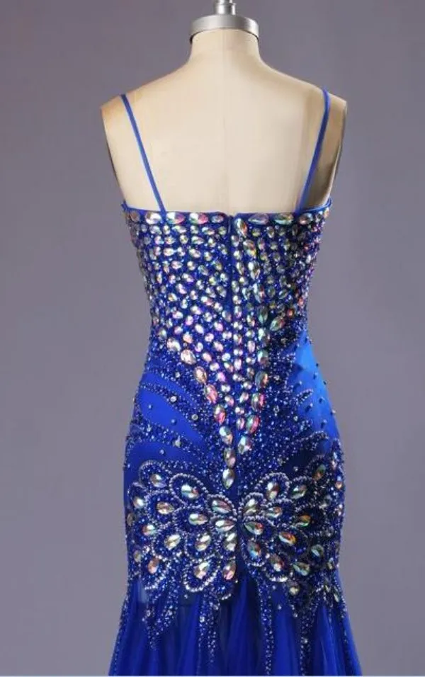 Luxury Royal Blue Rhinestone Prom Dresses Mermaid Sweetheart Spaghetti Straps Colorful Crystals Peacock Style Evening Pageant Gowns