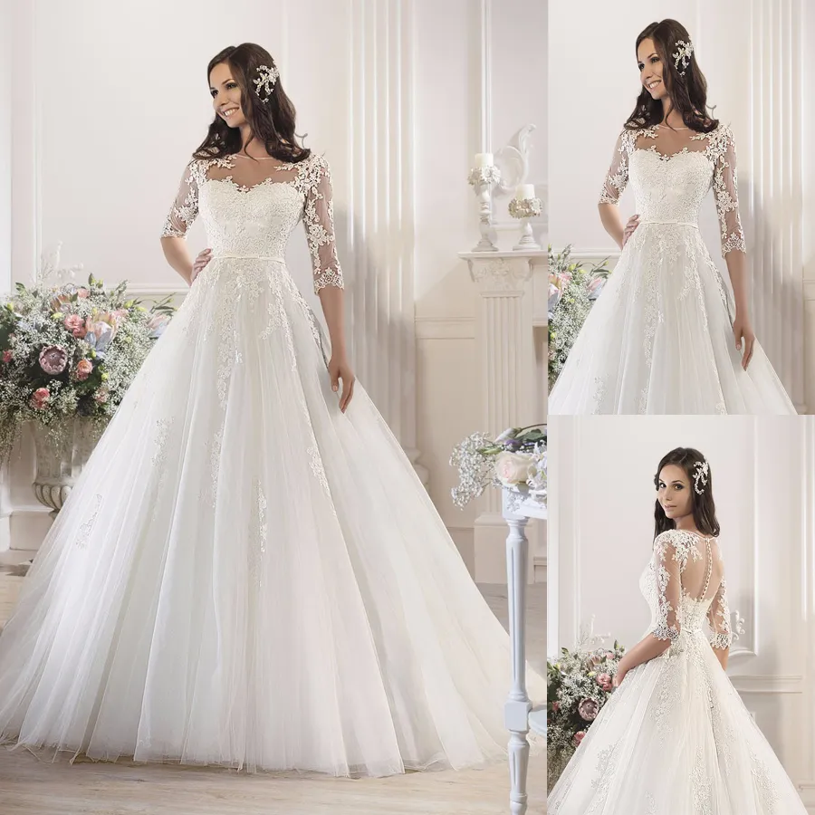 Tulle Half Sleeve Wedding Dress O-Neck Ball Gown Appliques Lace Crystal Pearls casamento Bridal Gowns Illusion Back