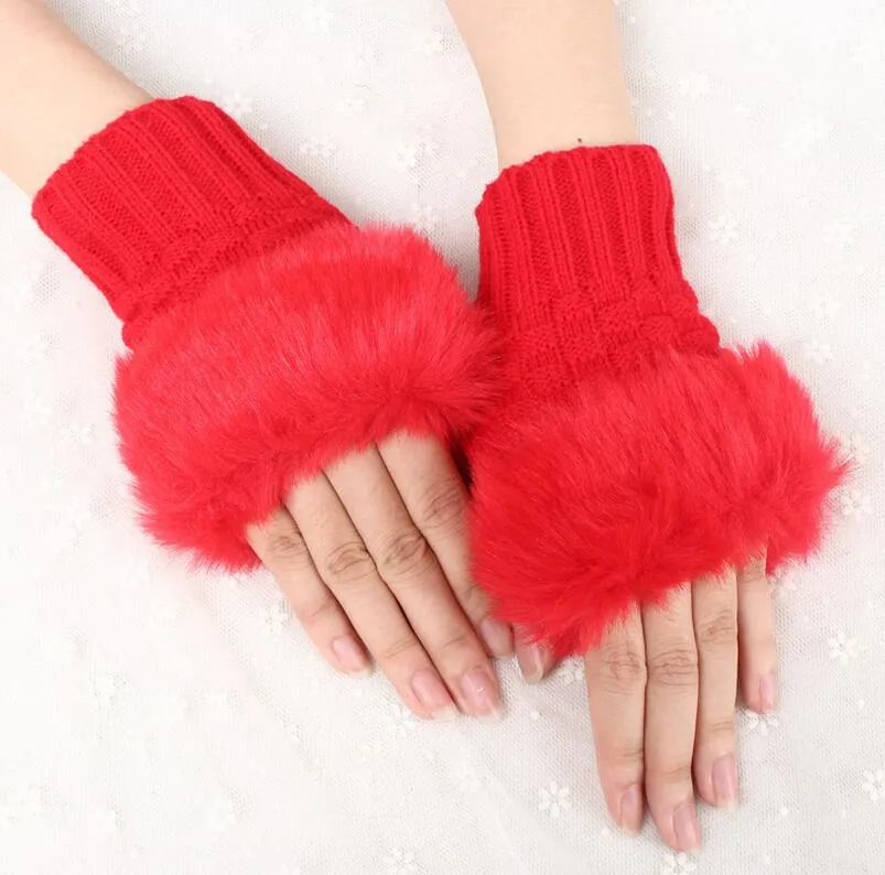 Women Girl Knitted Faux Rabbit Fur gloves Mittens Winter Arm Length Warmer outdoor Fingerless Gloves colorful XMAS gifts