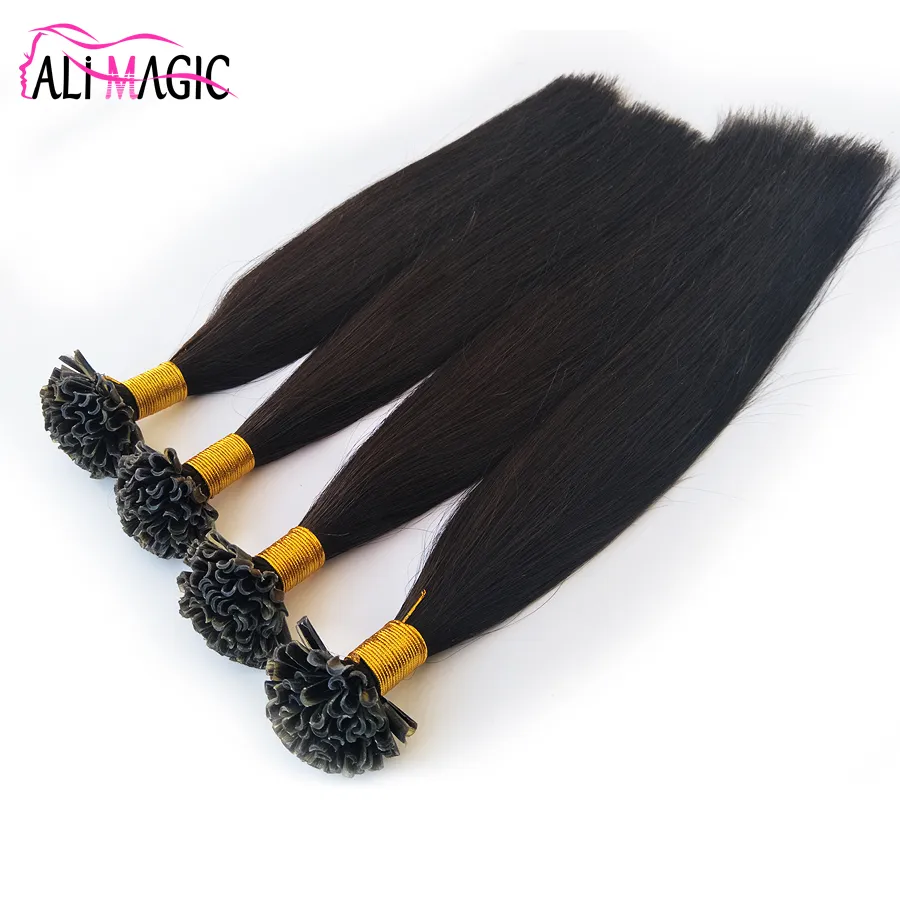 Hohe Qualität u Tipp menschliches Haarverlängerungen u Spitzhaar natürliche Farbe gerade Keratin Remy Brasilianische Haare Ali Magic Factory Outlet