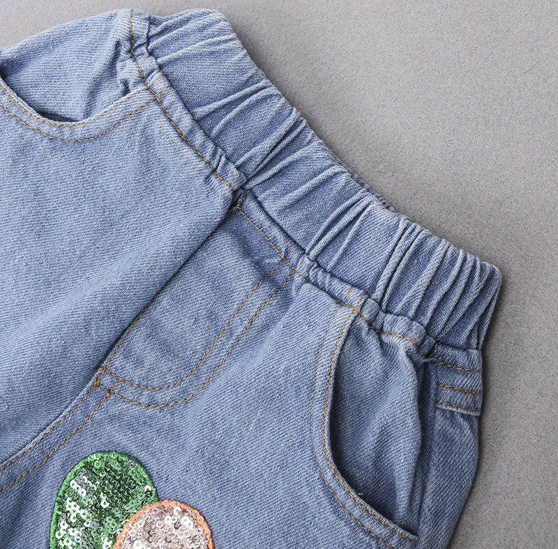 Baby Mädchen Kleidung Sommer Herbst Anzüge Gelber Buchstabe Kurzarm T-Shirt + Jeans + Stirnband 3 teile/satz Pailletten Luftballons Hosen Kinder Kleidung Set