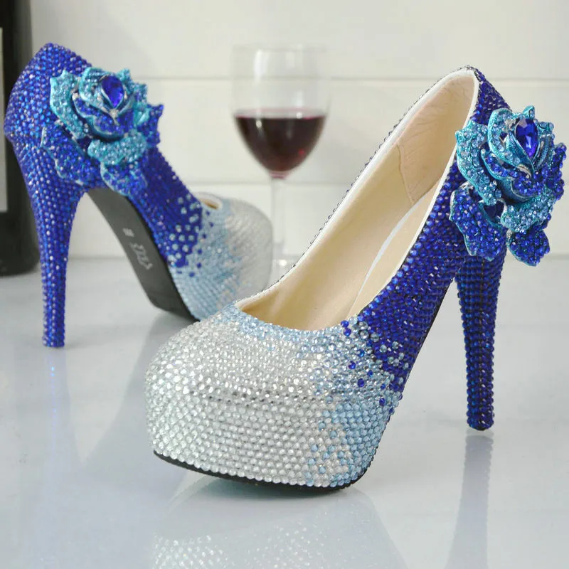 Novo Designer Handmade Strass Wedding Shoes Azul com Silver Crystal Bridal Sapatos Plataforma Linda Bombas De Festa De Prom