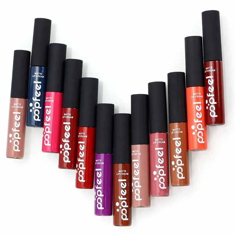 12 colori Popfeel MATTE lucidalabbra per labbra cosmetiche MATTE crema labbra, stick labbra, 144 pezzi / lotto DHL