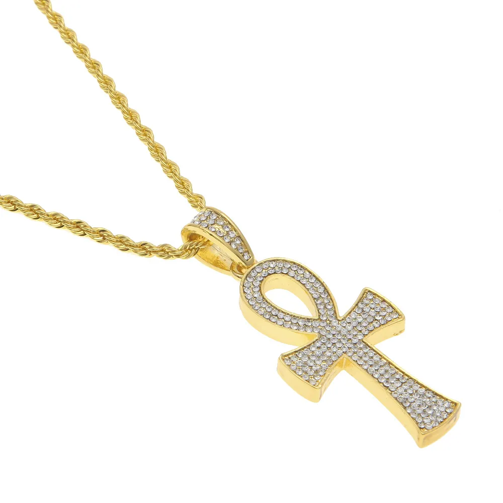 Ankh egiziano Chiave della vita Collana con ciondolo croce placcato oro Collana con ciondolo a catena con strass pieno di gioielli con ciondolo croce di lusso Drop Shippin237f