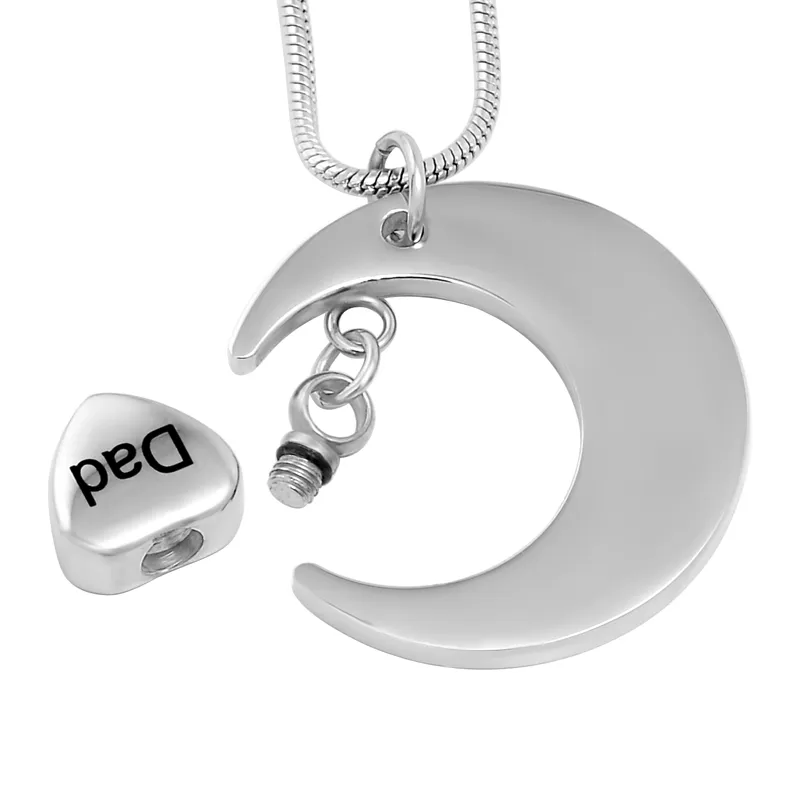 IJD9737 – pendentif de crémation en acier inoxydable, lune et cœur, collier, porte-urne souvenir, bijoux à mémoire de forme