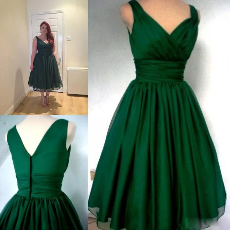 Vintage 1950er Jahre Smaragd Grüne Cocktailkleider Tee Länge Chiffon Overlay Elegante Plus Size Party Kleid Benutzerdefinierte kurze Prom Kleider