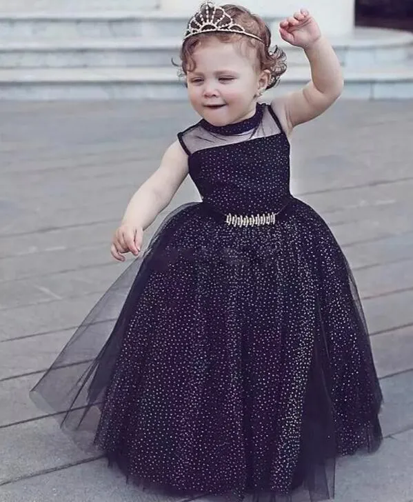 Leuke zwarte baby meisje pageant jurken sparkly mouwloze bloem meisje jurken voor bruiloft kinderen eerste communie jurk