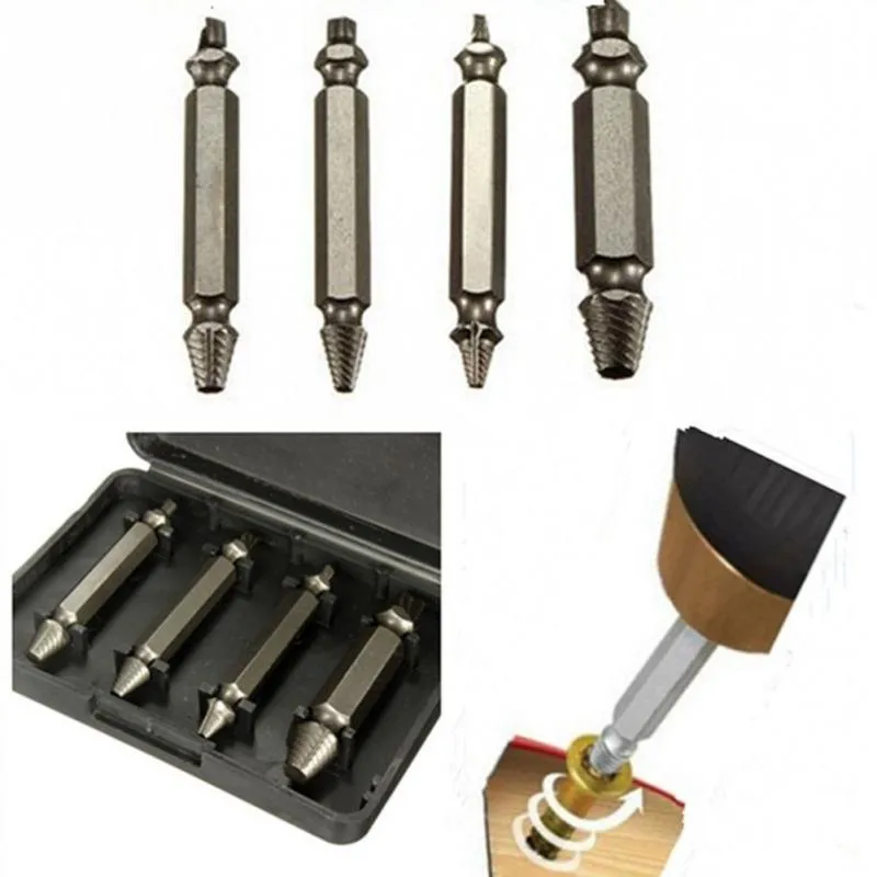 4 pz/set estrattore di viti set di guide per trapano set di viti rotte bulloni Fastner Easy Out kit di strumenti per la rimozione di bulloni di legno con una scatola di plastica